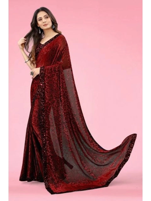 Women's Lycra Floral Saree With Unstitched Blouse (Maroon, 5.5 Mtr)
