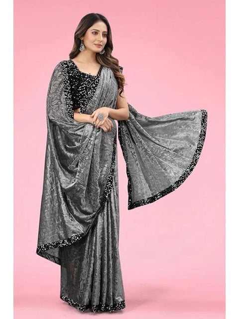 Women's Lycra Floral Saree With Unstitched Blouse (Grey, 5.5 Mtr)