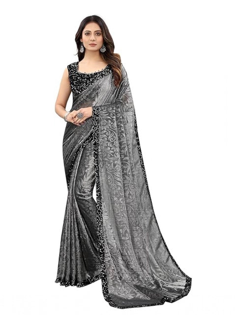 Women's Lycra Floral Saree With Unstitched Blouse (Grey, 5.5 Mtr)