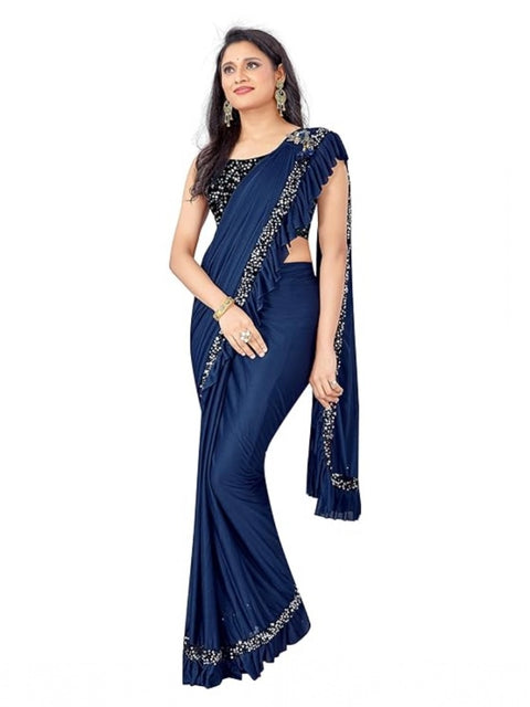 Women's Lycra Solid Saree With Unstitched Blouse (Nay Blue, 5.5 Mtr)