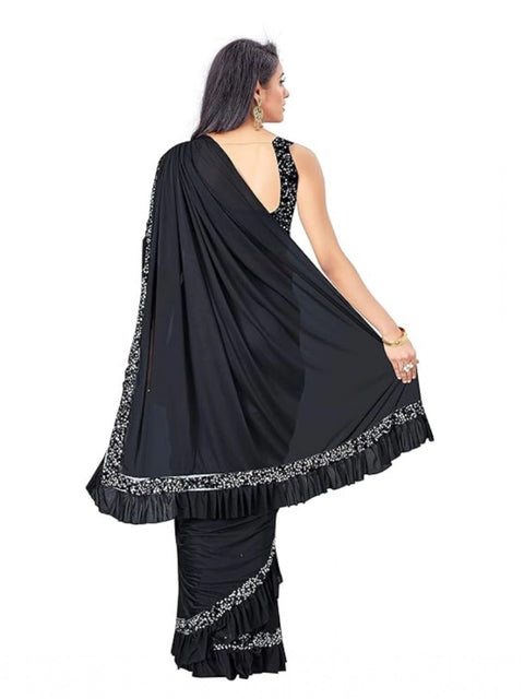 Women's Lycra Solid Saree With Unstitched Blouse (Black, 5.5 Mtr)