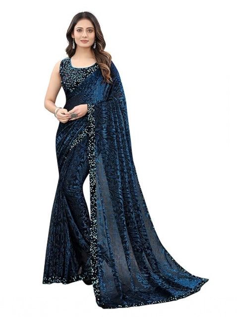 Women's Lycra Floral Saree With Unstitched Blouse (Blue, 5.5 Mtr)