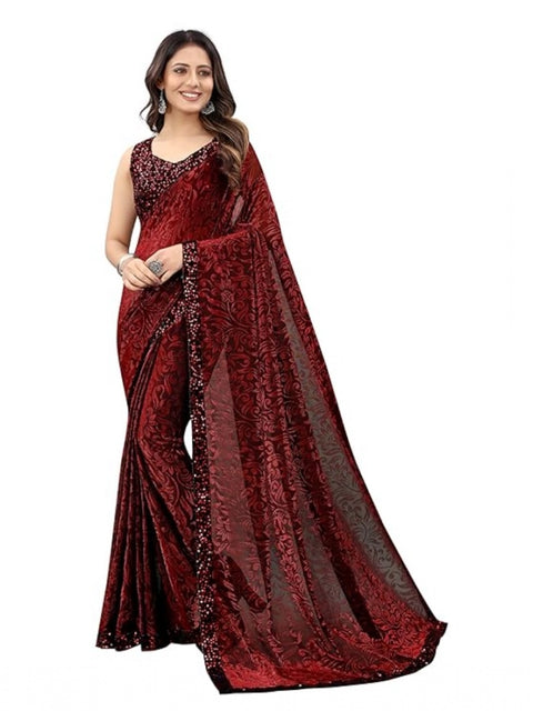 Women's Lycra Floral Saree With Unstitched Blouse (Maroon, 5.5 Mtr)