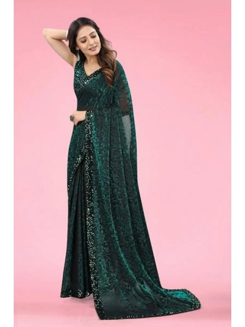 Women's Lycra Floral Saree With Unstitched Blouse (Green, 5.5 Mtr)