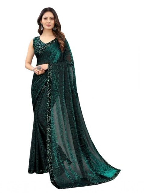 Women's Lycra Floral Saree With Unstitched Blouse (Green, 5.5 Mtr)
