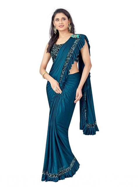 Women's Lycra Solid Saree With Unstitched Blouse (Rama, 5.5 Mtr)