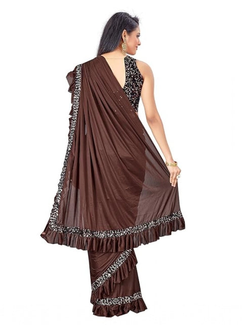 Women's Lycra Solid Saree With Unstitched Blouse (Brown, 5.5 Mtr)