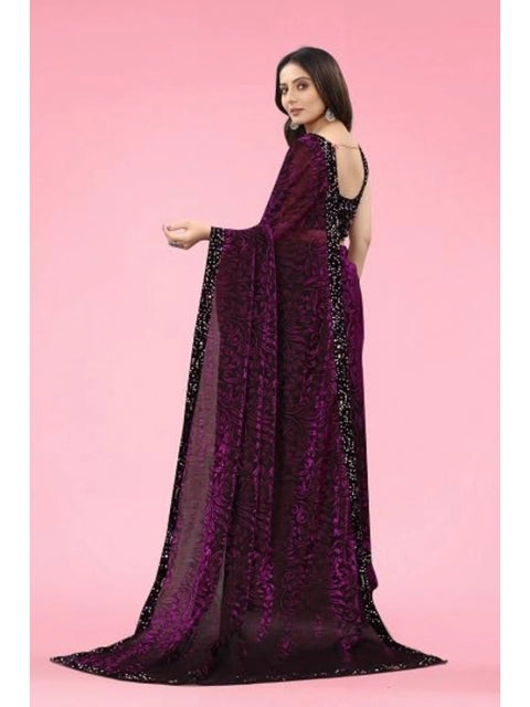 Women's Lycra Floral Saree With Unstitched Blouse (Wine, 5.5 Mtr)