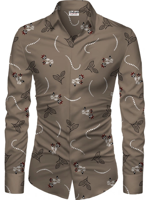 Generic Men's Casual Floral Printed Cotton Blend Unstitched Shirt Fabric 1.6 Mtrs (Brown)