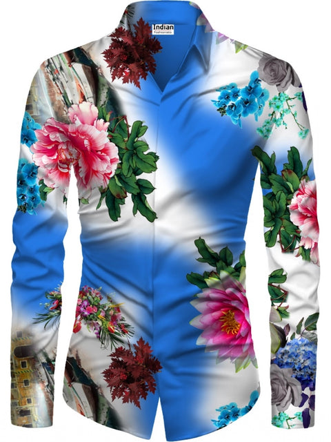 Generic Men's Casual Floral Printed Cotton Blend Unstitched Shirt Fabric 1.6 Mtrs (Blue)