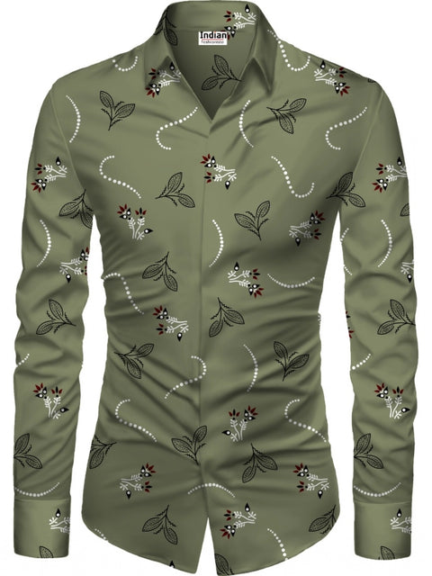 Generic Men's Casual Floral Printed Cotton Blend Unstitched Shirt Fabric 1.6 Mtrs (Green)
