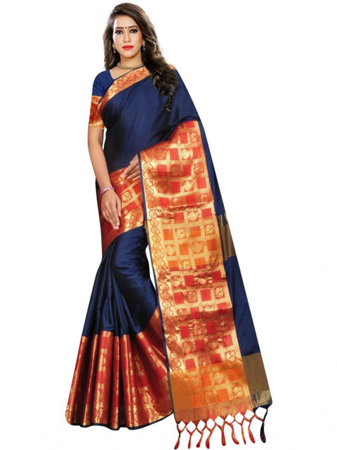 Women's Jacquard Woven Saree With Unstitched Blouse 5.5Mtr (Blue)