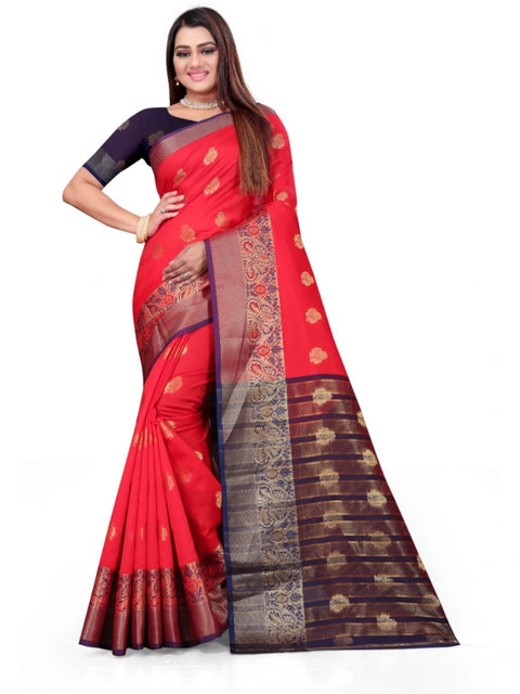 Women's Silk Blend Woven Saree With Unstitched Blouse 5.5Mtr (Red)