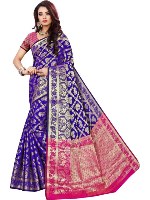 Women's Jacquard Woven Saree With Unstitched Blouse 5.5Mtr (Blue)