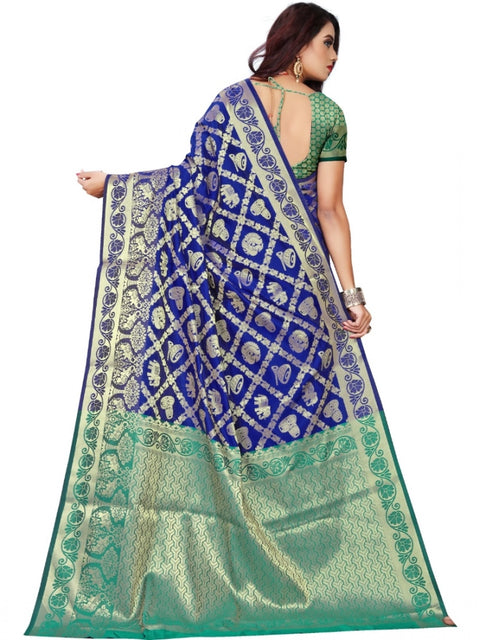 Women's Jacquard Woven Saree With Unstitched Blouse 5.5Mtr (Blue)