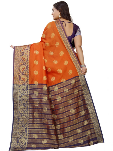 Women's Silk Blend Woven Saree With Unstitched Blouse 5.5Mtr (Gold-Orange)