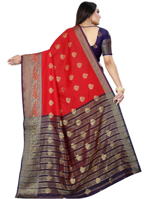 Women's Silk Blend Woven Saree With Unstitched Blouse 5.5Mtr (Purple-Red)