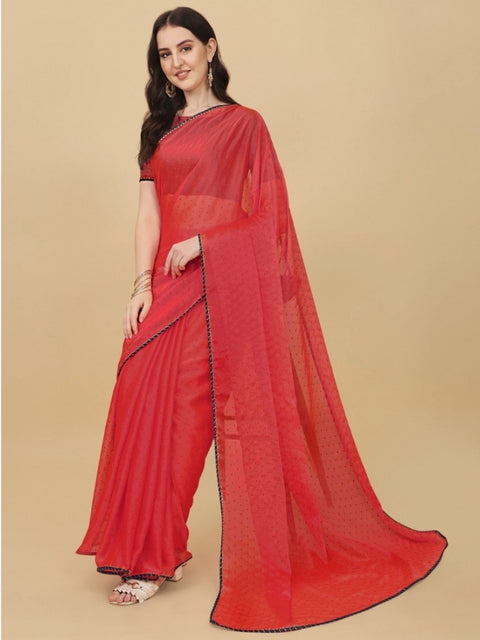 Women's Silk Blend Embellished Saree With Unstitched Blouse 5.5Mtr (Red)