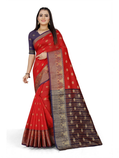 Women's Jacquard Woven Saree With Unstitched Blouse 5.5Mtr (Red)