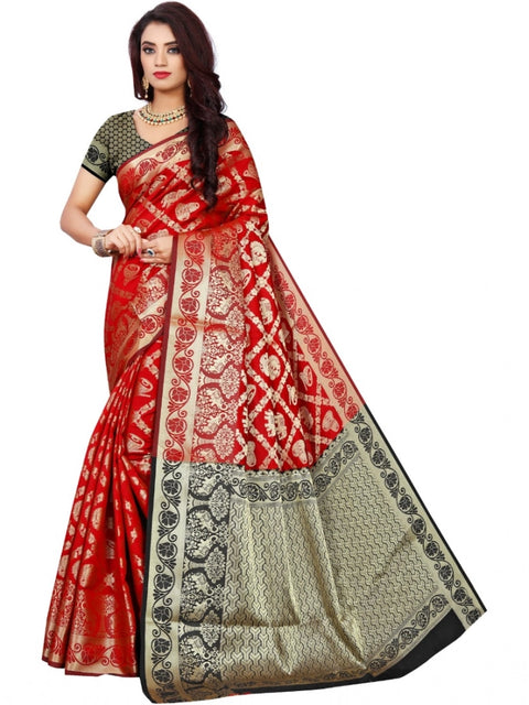Women's Jacquard Woven Saree With Unstitched Blouse 5.5Mtr (Red)
