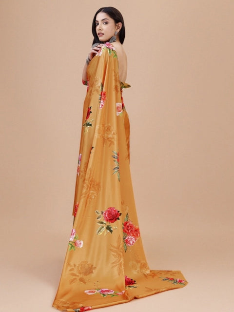 Women's Crepe Digital Print Saree With Unstitched Blouse 5.5Mtr (Mustard)