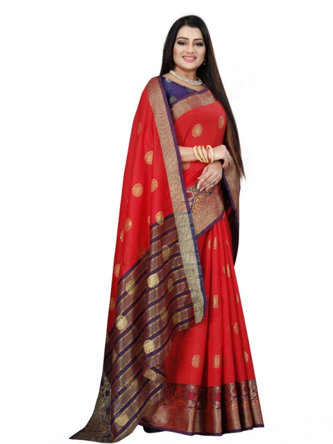 Women's Silk Blend Woven Saree With Unstitched Blouse 5.5Mtr (Red-Blue)