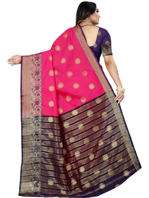 Women's Silk Blend Woven Saree With Unstitched Blouse 5.5Mtr (Blue-Pink)