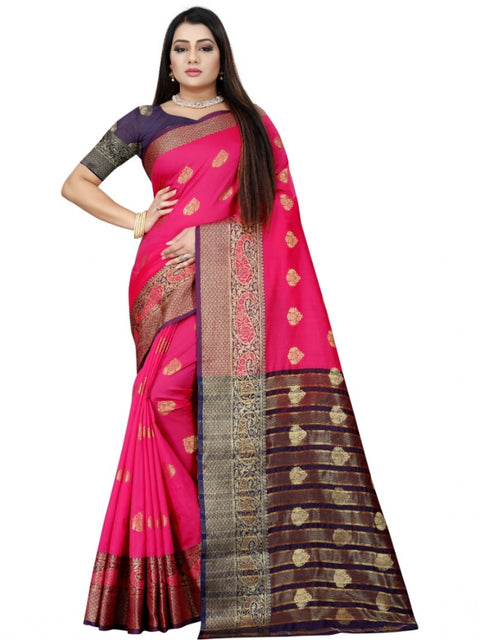 Women's Silk Blend Woven Saree With Unstitched Blouse 5.5Mtr (Purple-Pink)