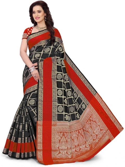 Women's Jacquard Woven Saree With Unstitched Blouse 5.5Mtr (Red-Black)