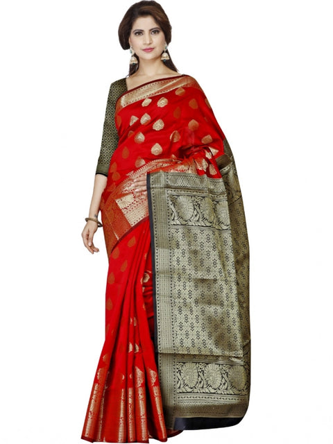Women's Jacquard Woven Saree With Unstitched Blouse 5.5Mtr (Red)