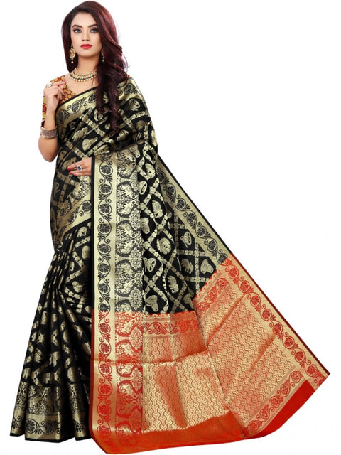 Women's Jacquard Woven Saree With Unstitched Blouse 5.5Mtr (Black)