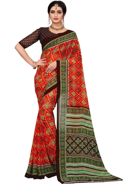 Women's Georgette Floral Print Saree With Unstitched Blouse 5.5Mtr (Red)