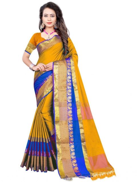 Women's Jacquard Woven Saree With Unstitched Blouse 5.5Mtr (Yellow)