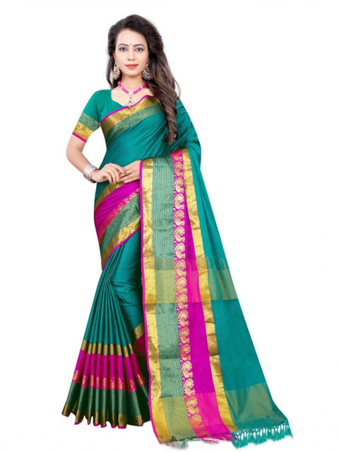 Women's Jacquard Woven Saree With Unstitched Blouse 5.5Mtr (Dark Green)