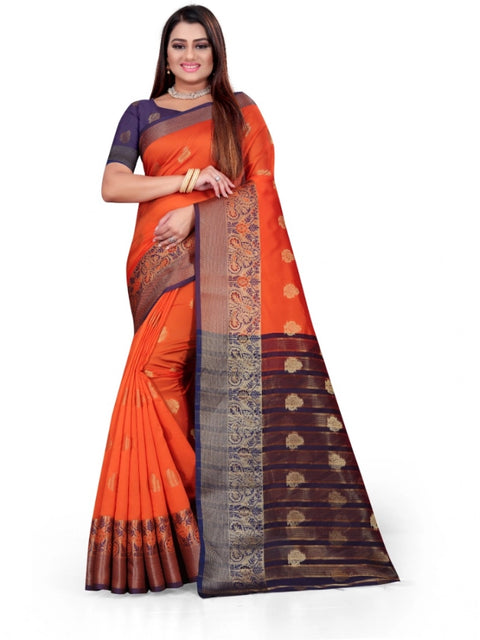 Women's Silk Blend Woven Saree With Unstitched Blouse 5.5Mtr (Orange)