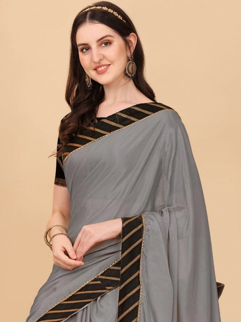 Women's Chiffon Self Design Saree With Unstitched Blouse 5.5Mtr (Silver)
