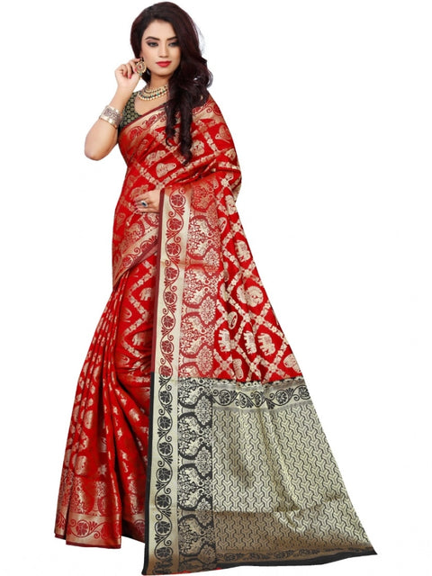 Women's Jacquard Woven Saree With Unstitched Blouse 5.5Mtr (Red)