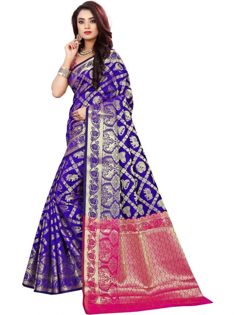 Women's Jacquard Woven Saree With Unstitched Blouse 5.5Mtr (Blue)