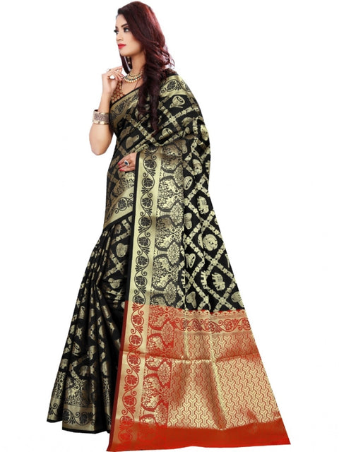 Women's Jacquard Woven Saree With Unstitched Blouse 5.5Mtr (Black)
