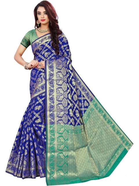 Women's Jacquard Woven Saree With Unstitched Blouse 5.5Mtr (Blue)