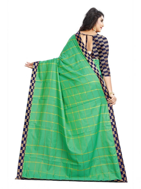 Women's Cotton Silk Checkered Saree With Unstitched Blouse 5.5Mtr (Green)