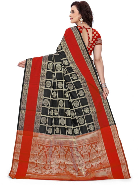 Women's Jacquard Woven Saree With Unstitched Blouse 5.5Mtr (Red-Black)