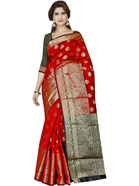 Women's Jacquard Woven Saree With Unstitched Blouse 5.5Mtr (Red)