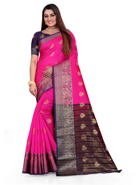 Women's Silk Blend Woven Saree With Unstitched Blouse 5.5Mtr (Pink)