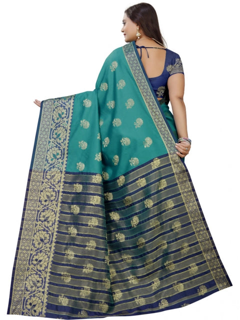 Women's Silk Blend Woven Saree With Unstitched Blouse 5.5Mtr (Dark Blue-Green)
