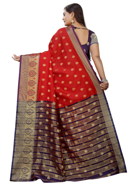 Women's Silk Blend Woven Saree With Unstitched Blouse 5.5Mtr (Purple-Red)
