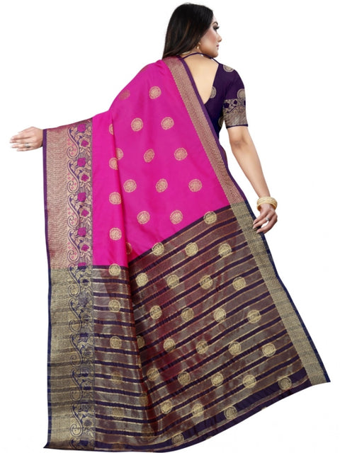 Women's Silk Blend Woven Saree With Unstitched Blouse 5.5Mtr (Blue-Pink)