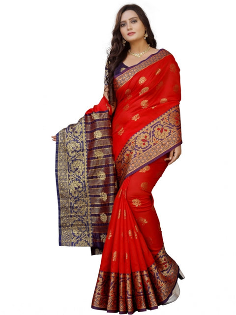 Women's Silk Blend Woven Saree With Unstitched Blouse 5.5Mtr (Purple-Red)