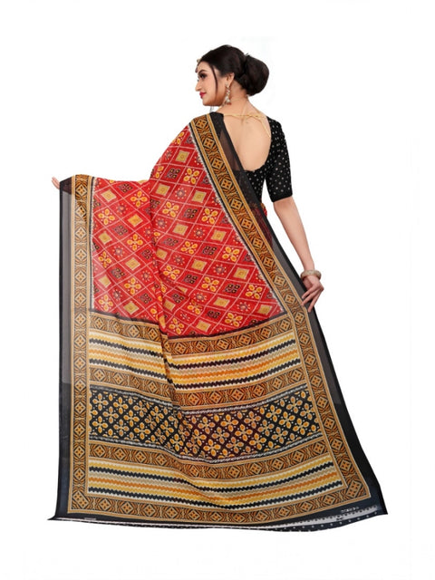 Women's Georgette Floral Print Saree With Unstitched Blouse 5.5Mtr (Red)