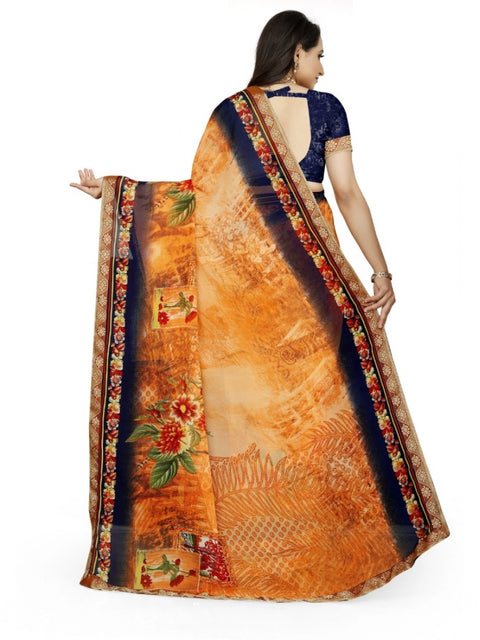 Women's Georgette Floral Print Saree With Unstitched Blouse 5.5Mtr (Blue-Orange)